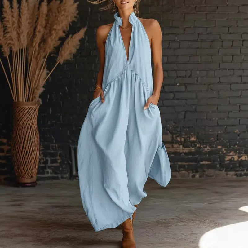 Minimalist Halter Neck Maxi Dress | Casual Loose Fit Summer Dress with Pockets for Women