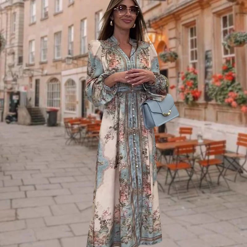 💗Elegant V-Neck High Waist Buttoned Floral Dress