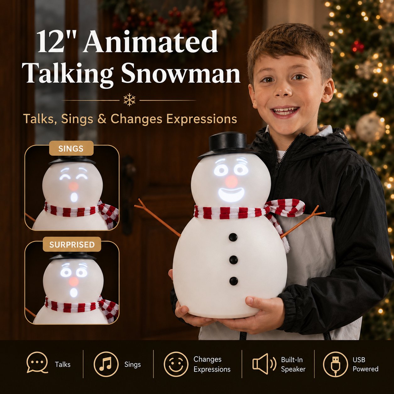 ⛄ 12" Animated Talking Snowman – LED Light Up Singing & Talking Christmas Snowman Decoration