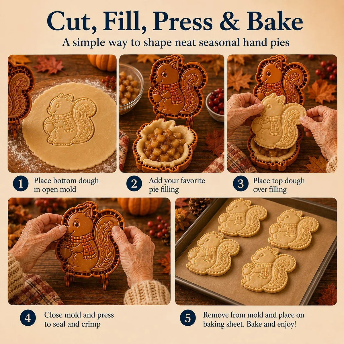 🔥HOT SALE🔥🔥😍 8-Design Fall Mini Pie Mold Collection | Reusable Embossed Molds for Shaping Detailed Owl, Fox, Turkey, Pumpkin, Acorn & More