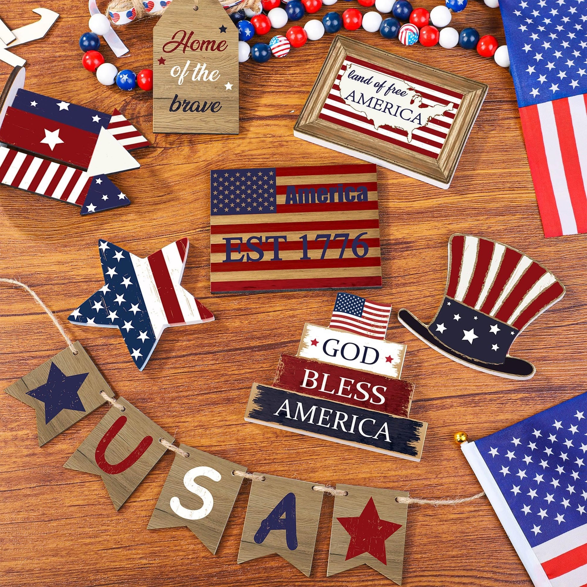12 pieces of patriotic farmhouse layered tray decoration set July 4th, God bless America