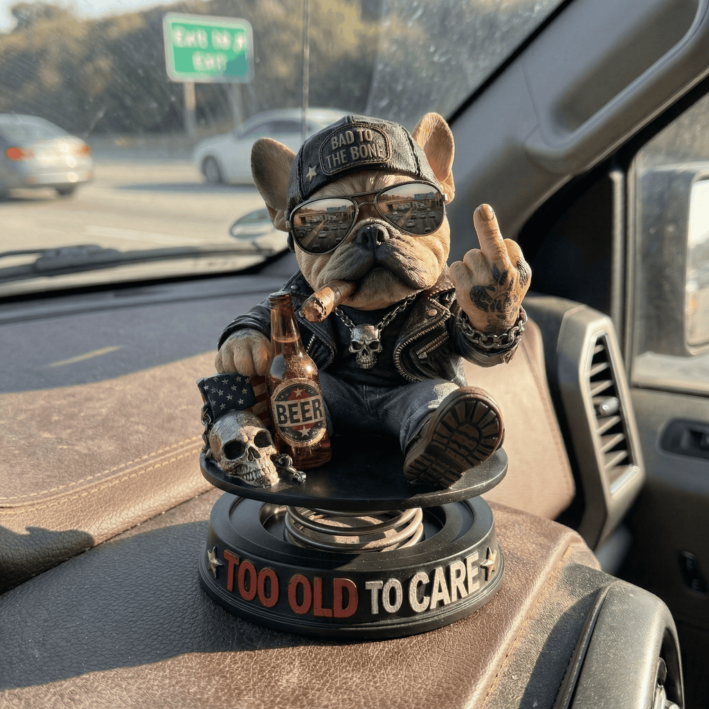 "Too Old To Care" Hardcore Frenchie Dashboard Bobblehead😎 - Rebellious Middle Finger Bulldog Car Decor