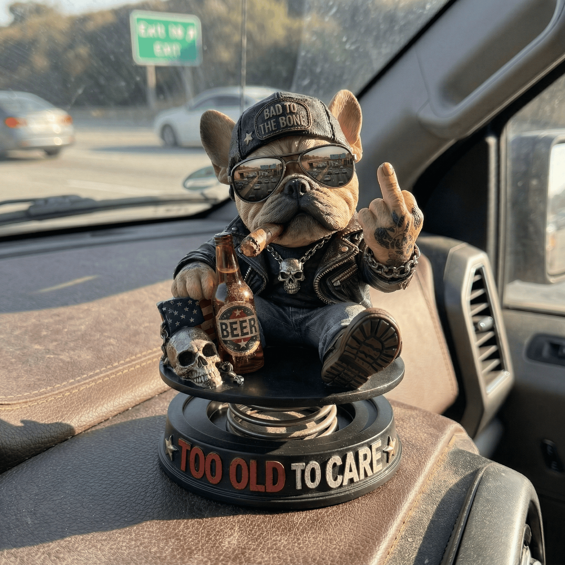 "Too Old To Care" Hardcore Frenchie Dashboard Bobblehead😎 - Rebellious Middle Finger Bulldog Car Decor