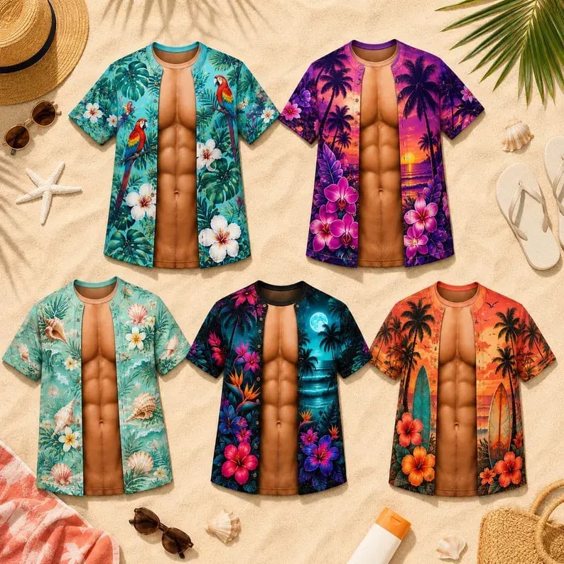 Funny Muscle T Shirt for Men, Hawaiian Shirt Illusion Tee, Personalized 3D Fake Open Shirt💪🔥