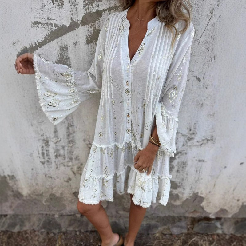 💖Women's Geometric Print Comfortable V-Neck Midi-Dress