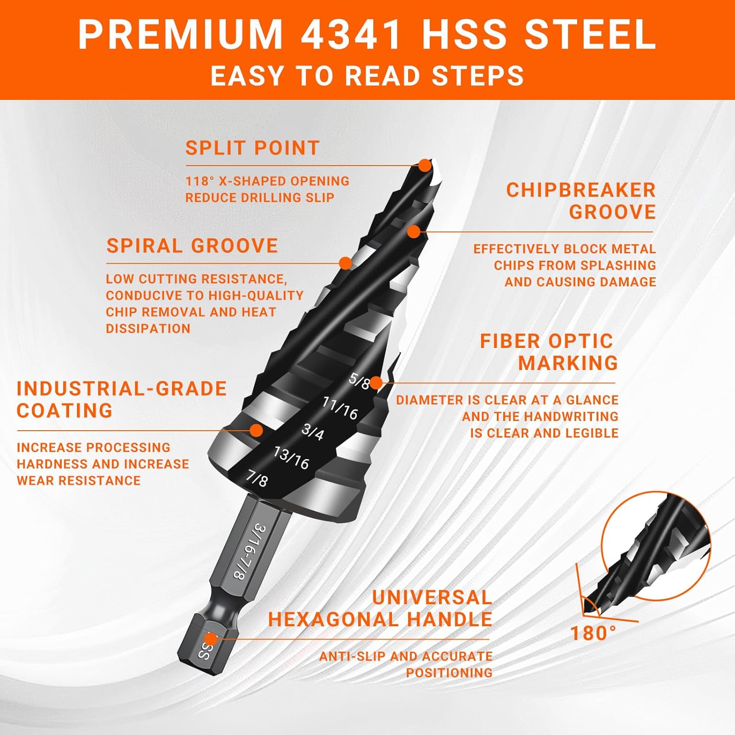 Four Spiral Flute Step Drill Bit Set - 5 Pcs Unibit HSS Step Drill Bits