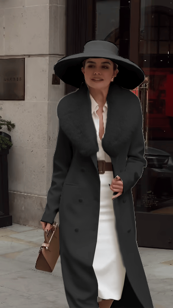 Women Vintage Turndown Collar Long Jacket With Wool Collar