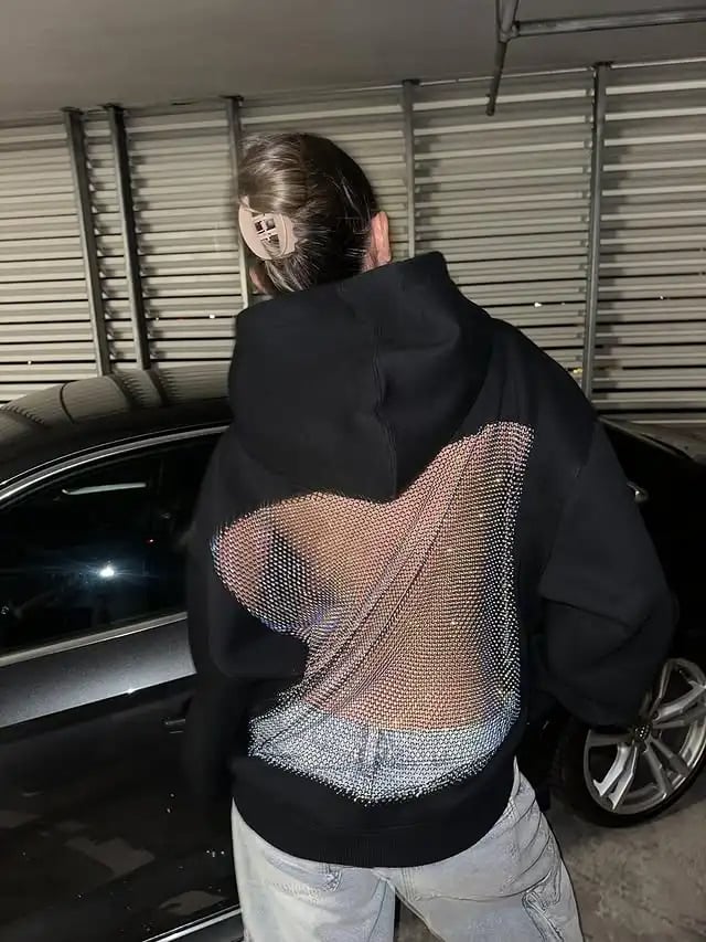 🔥Sparkly Mesh Open-Back Hoodie – Shine with Every Move✨