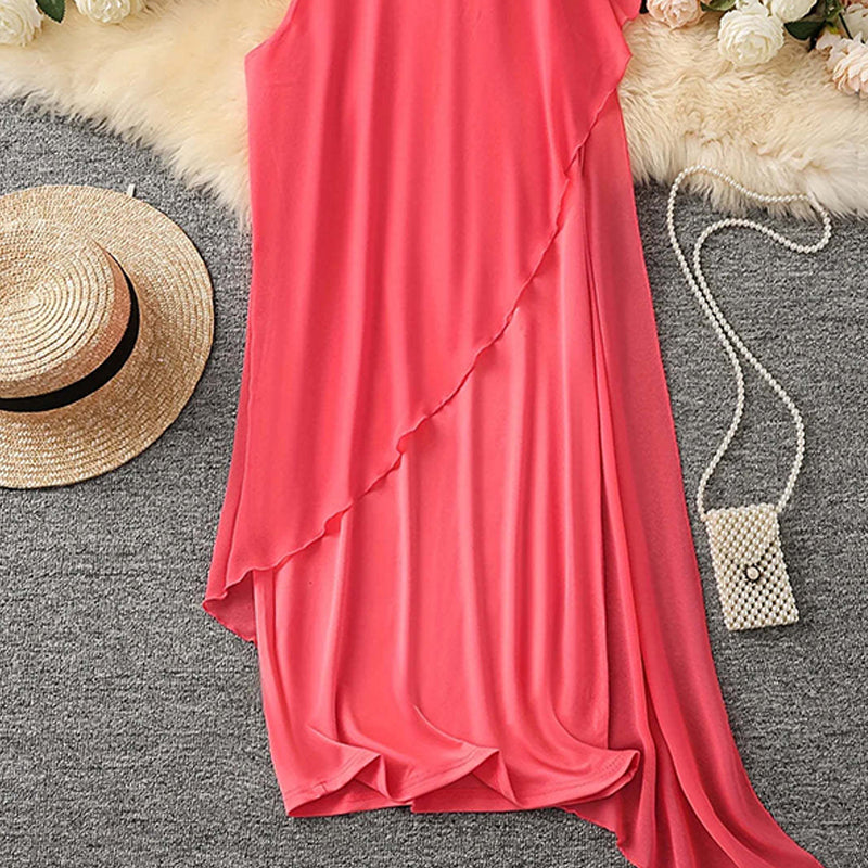 ⏰Women's Summer Elegant Round Neck Asymmetric Mesh Sleeveless Dress👗