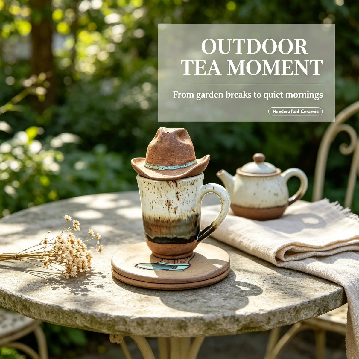 🎉| Western Handmade Cup with Hat Tea Strainer & Cowboy Boot Coaster, Rustic Farmhouse Gift
