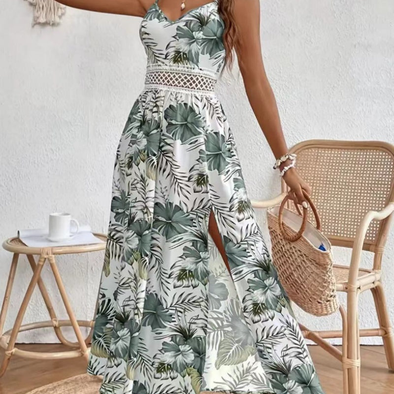Women’s Floral Print High Slit Spaghetti Strap Flowy Dress