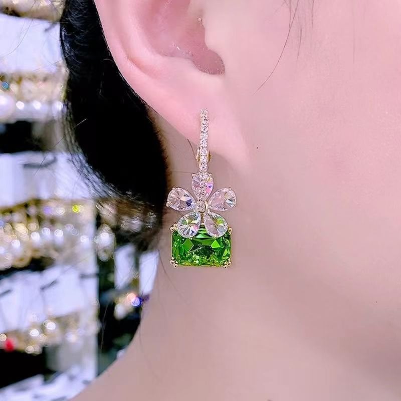 Green Flower Crystal Earrings