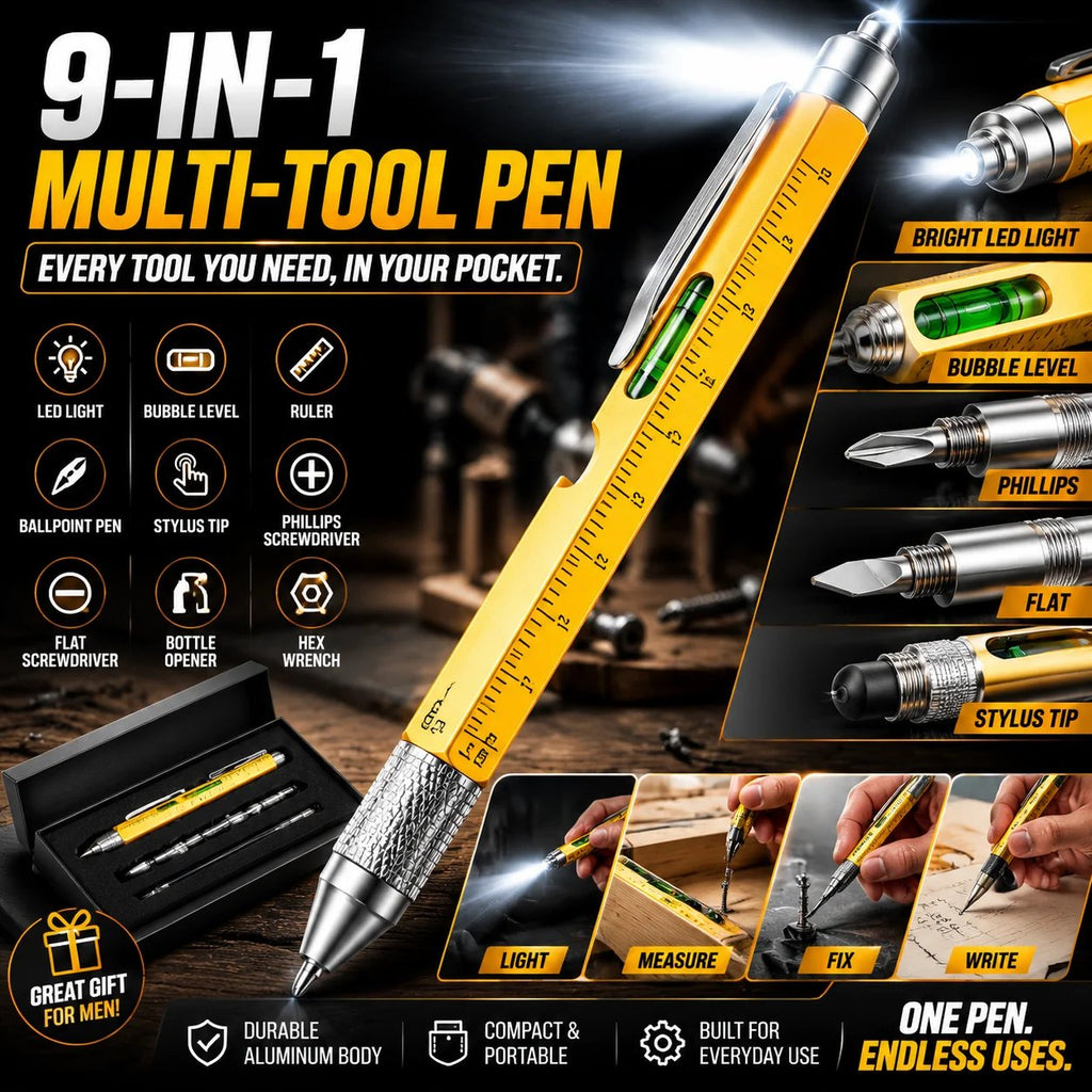 🎉🖊️ 9-in-1 Multi-Tool Pen – LED Light, Screwdriver, Ruler & Stylus | Pocket EDC Gadget for Everyday Fixes