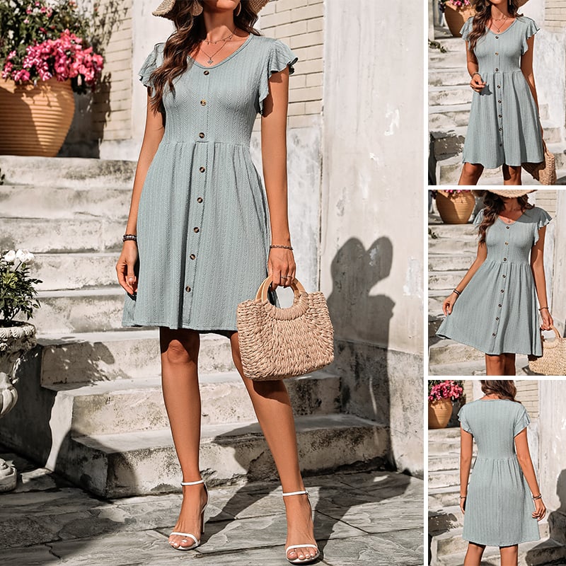 🔥V-neck button waist elastic short sleeved dress for women