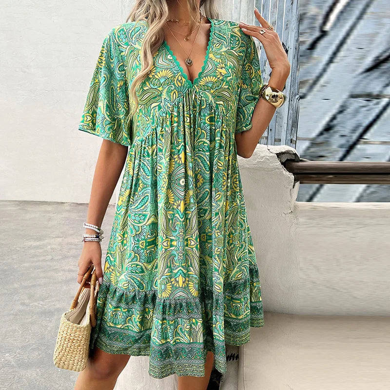 👗Women’s Flower Print V Neck Short Sleeve Mini Dress