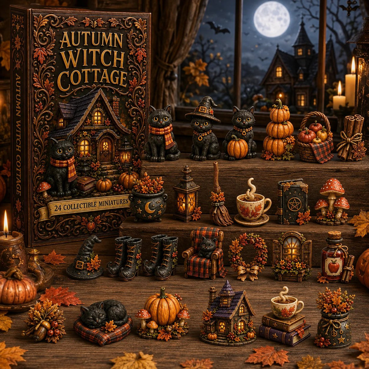 24 Cozy Witchy Miniatures, Black Cat Collectibles & Magical Fall Cottage Surprises, Acrylic Charms Blind Box