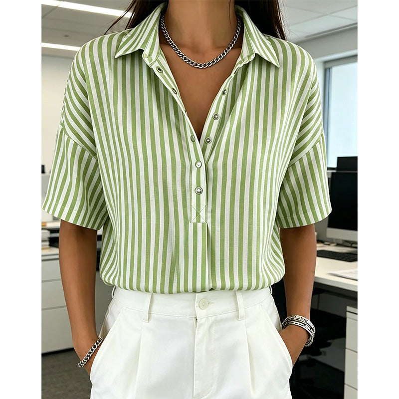 ✨ Women's Striped Short-Sleeve Shirt – Relaxed Fit, V Neck, 9 Colors 🍂