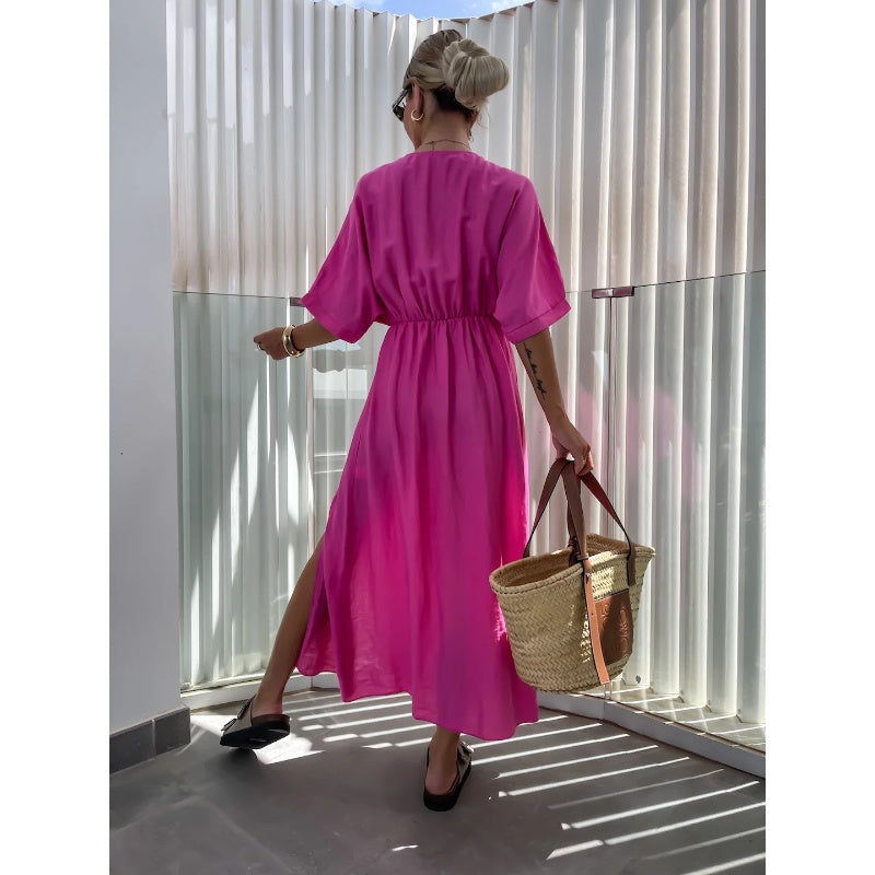 Women's Casual V-Neck Solid Color Slit Dress