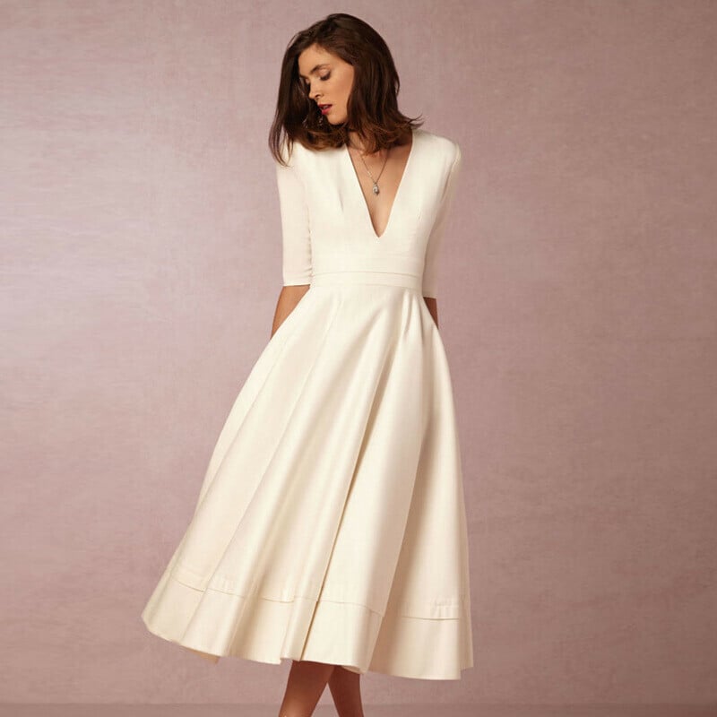 V Neck Pocket Design Half Sleeve Dress