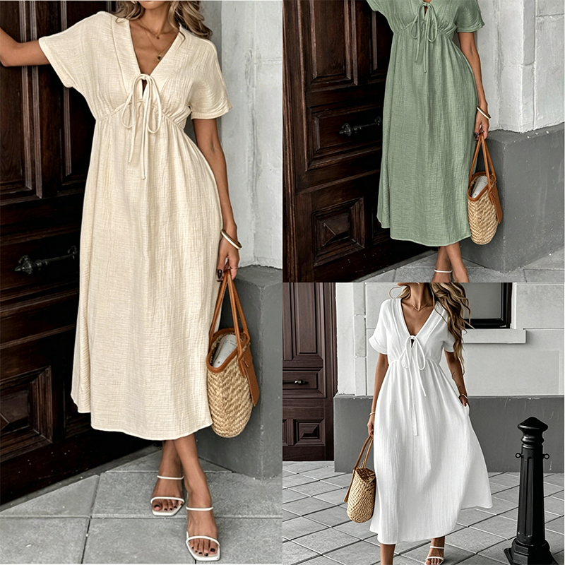 📢📢⏰Women's Summer V-Neck Tie-Front Midi Dress