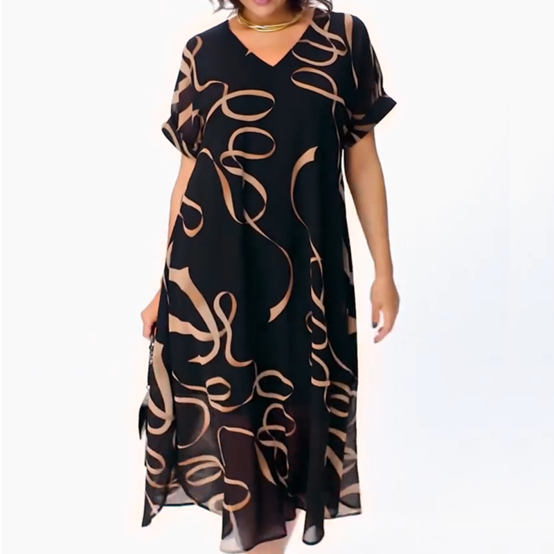 ❄️👗Elegante Vloeiende V-Hals Midi-Jurk – Luchtige Zwarte Jurk met Lintprint, Zijsplit en Comfortabele Pasvorm S-5XL