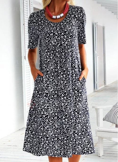 Casual Women Cotton Scoop Neck Floral Dress (8 Colors with Pockets)