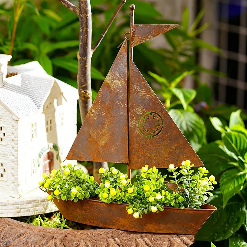 🌱  Rustic Sailboat Metal Planter - Handcrafted, weather-resistant & perfect for succulents, herbs or flowers – charming garden or shelf decor 🏡