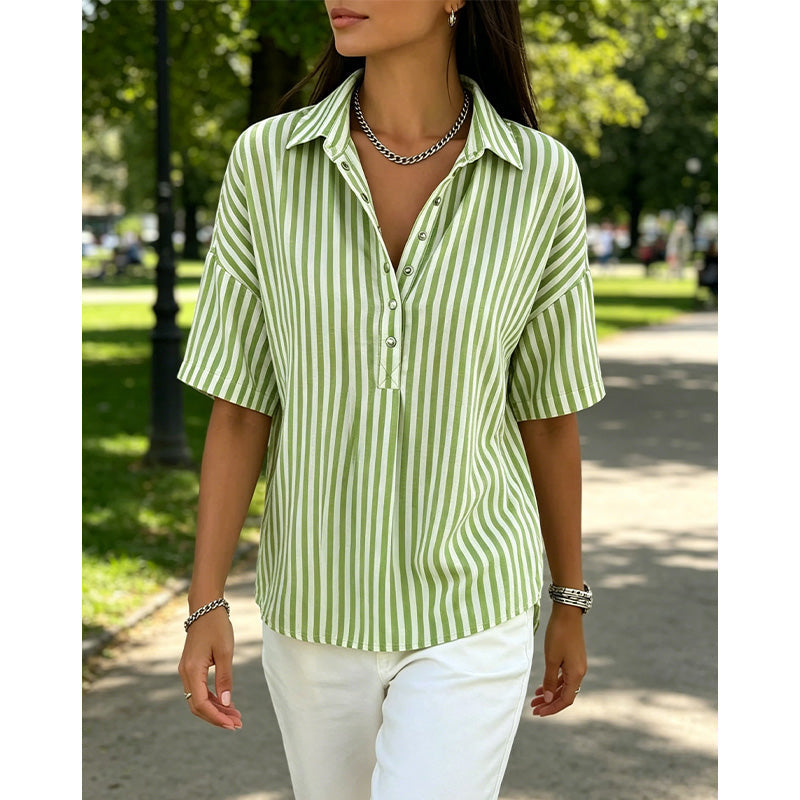 ✨ Women's Striped Short-Sleeve Shirt – Relaxed Fit, V Neck, 9 Colors 🍂