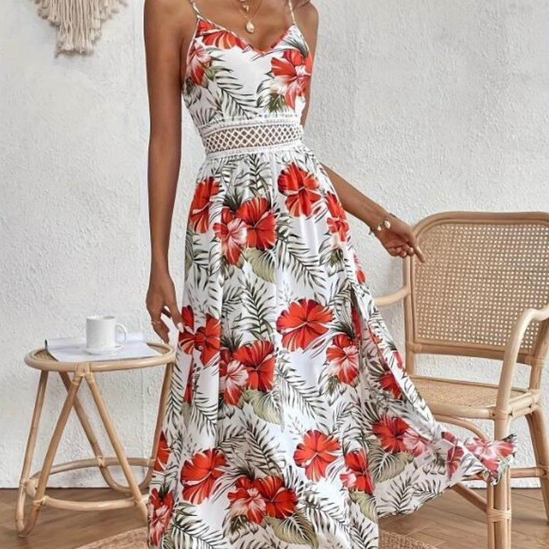 Women’s Floral Print High Slit Spaghetti Strap Flowy Dress