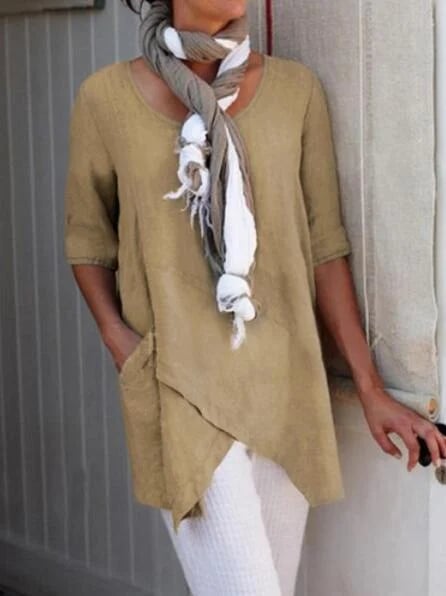 spring fashion solid color cotton linen pocket Tops