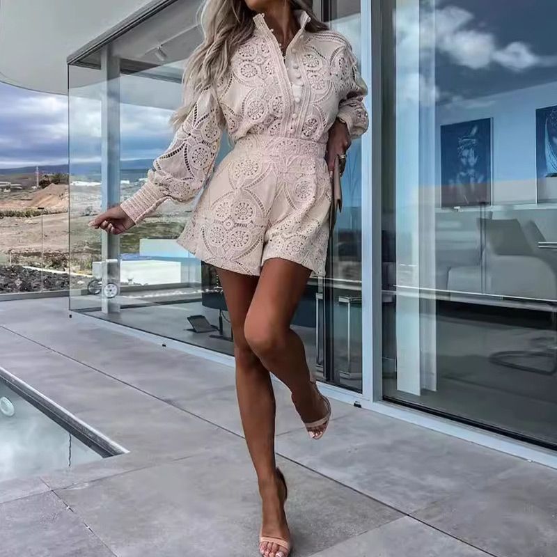 🌸Women's Casual Elegant Lace 2-Piece Set with Button Down Shirt and Shorts