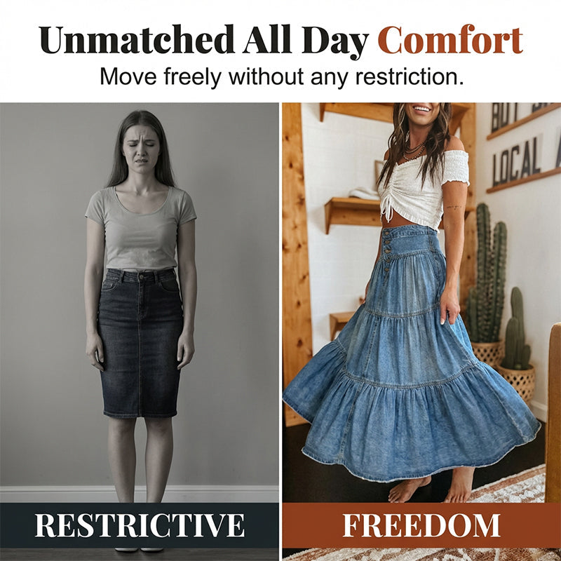 👗 ✨ Denim Maxi Skirt – High Waist, Tiered, A-Line, Button Front ✨