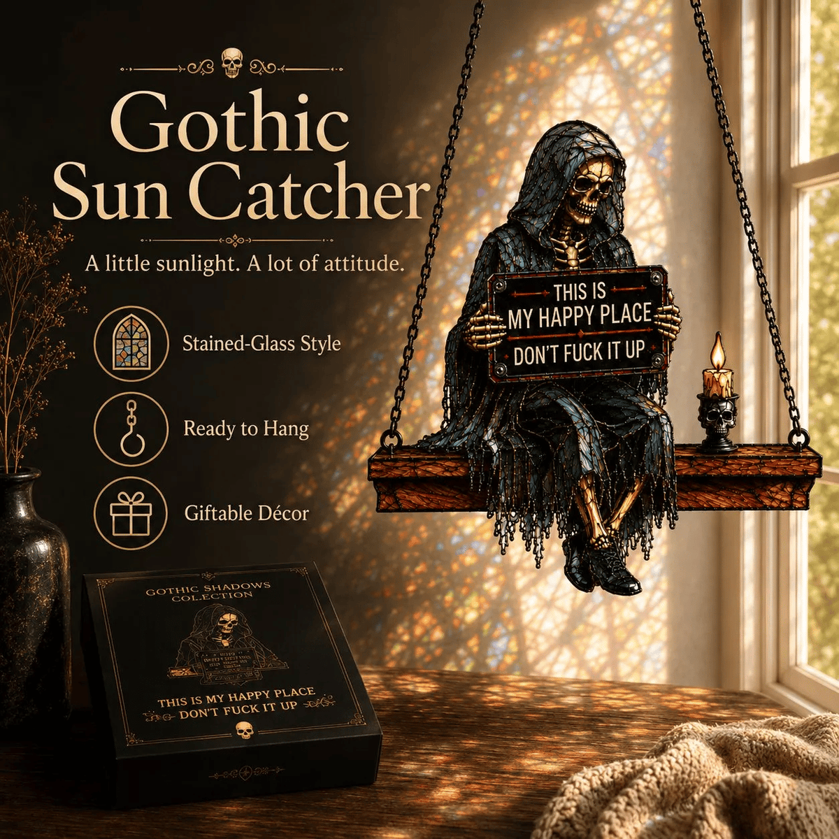 Gothic Skeleton Sun Catcher 💀 Handmade Stained Glass Suncatcher