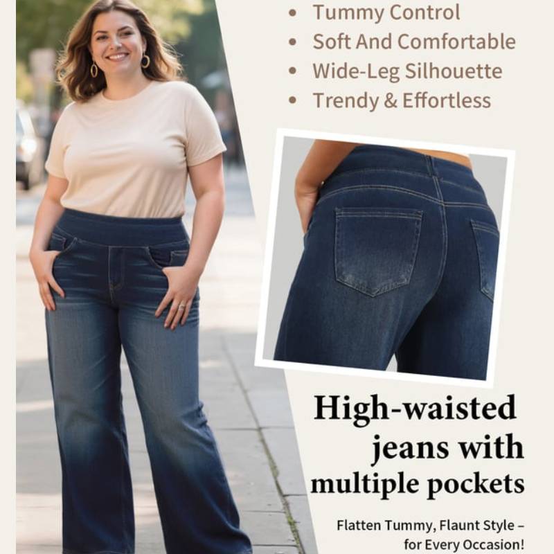 🏆High Waist Comfy Stretch Knit Wide Leg Jeans with Multiple Pockets