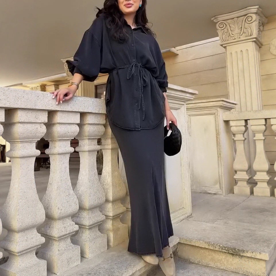 Long-sleeved Tie-Drawstring Shirt and Skirt Set