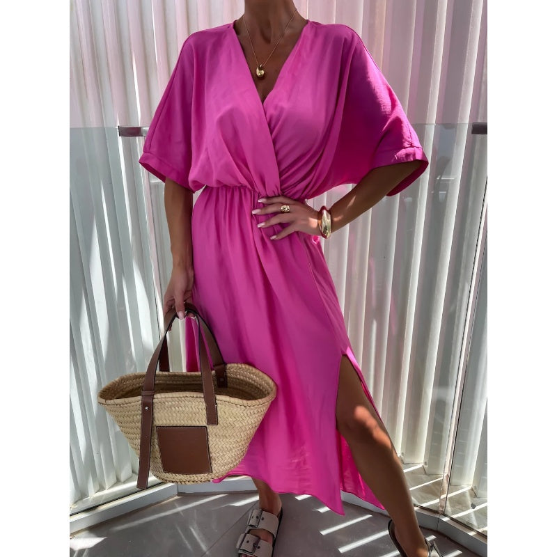Women's Casual V-Neck Solid Color Slit Dress