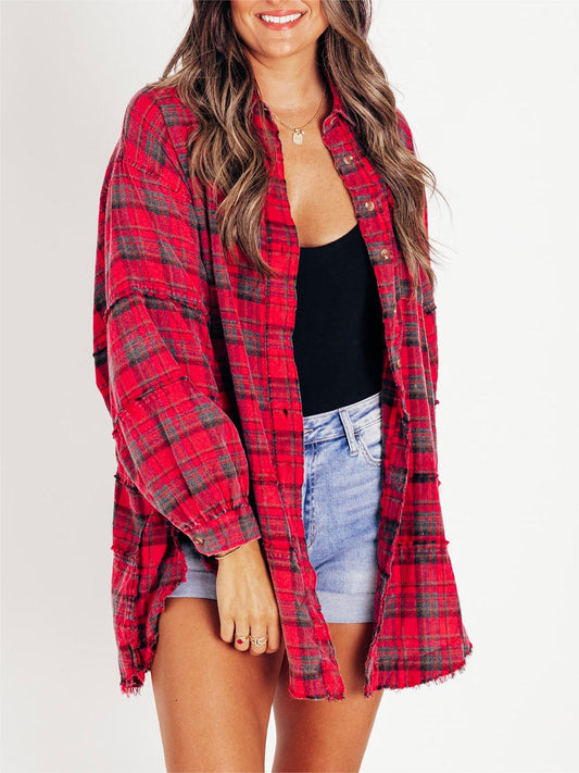 🔥Women's Seams Raw Edge Washed Oversized Shirt Jacket with Pockets