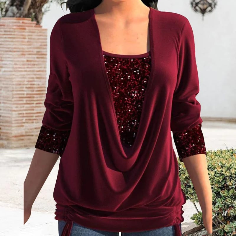 Sequin Loose Smocked Fake Two-Piece Top