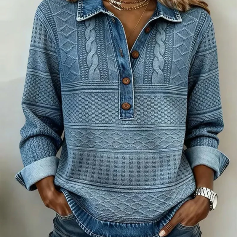 ⏰💃 Women’s Denim Patchwork Lapel Long-Sleeve Shirt