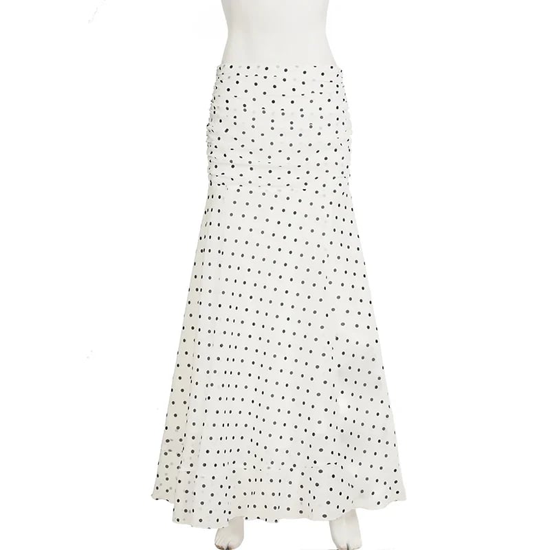 White & Black Polka Dot Floor-length Chiffon Skirt