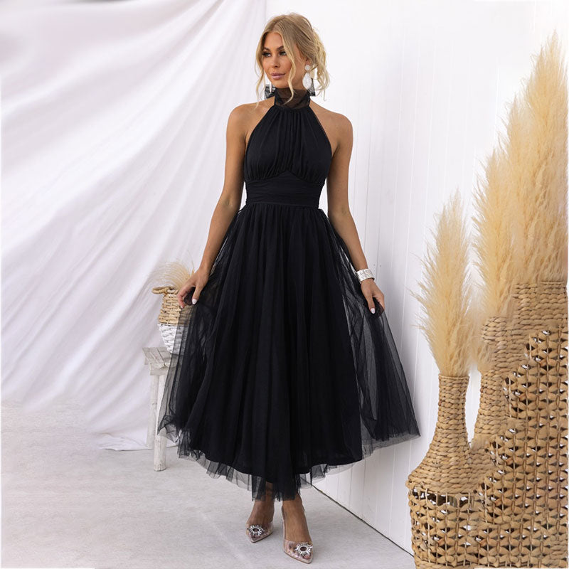 🎁⏳Halter Sleeveless Solid Color Mesh High Neck Dress