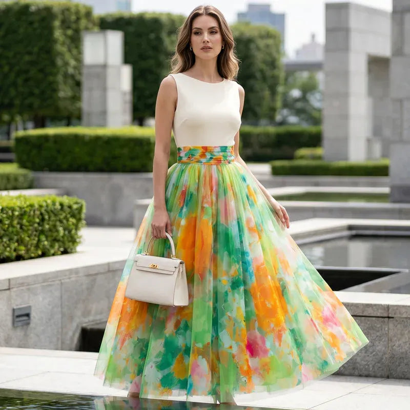 Women's Watercolor Floral Print Tulle Midi Skirt