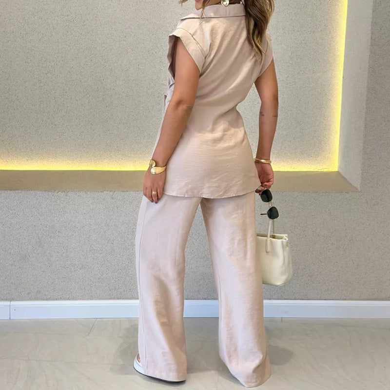 Elegant Waisted Top & Casual Pants Set