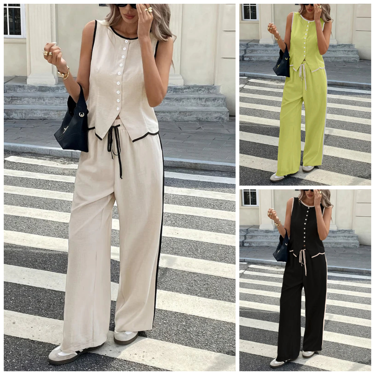 ⌛Women's Contrast Binding Sleeveless Tank & Drawstring Waist Pants Two-piece Set