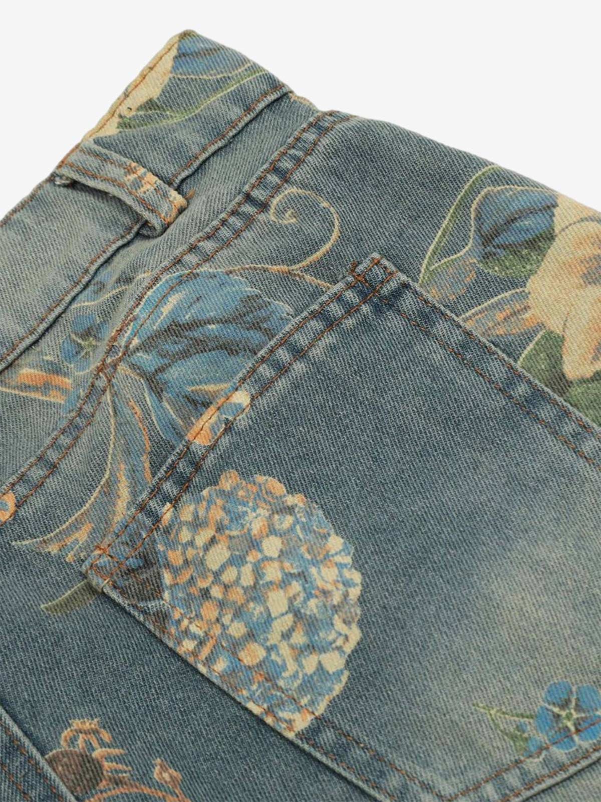 Denim Floral Print Carpenter Jeans