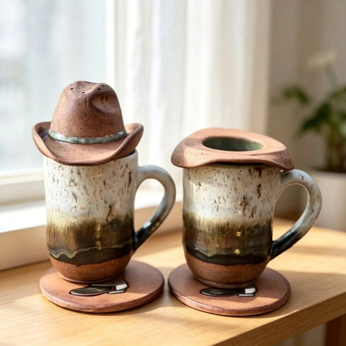 🎉| Western Handmade Cup with Hat Tea Strainer & Cowboy Boot Coaster, Rustic Farmhouse Gift