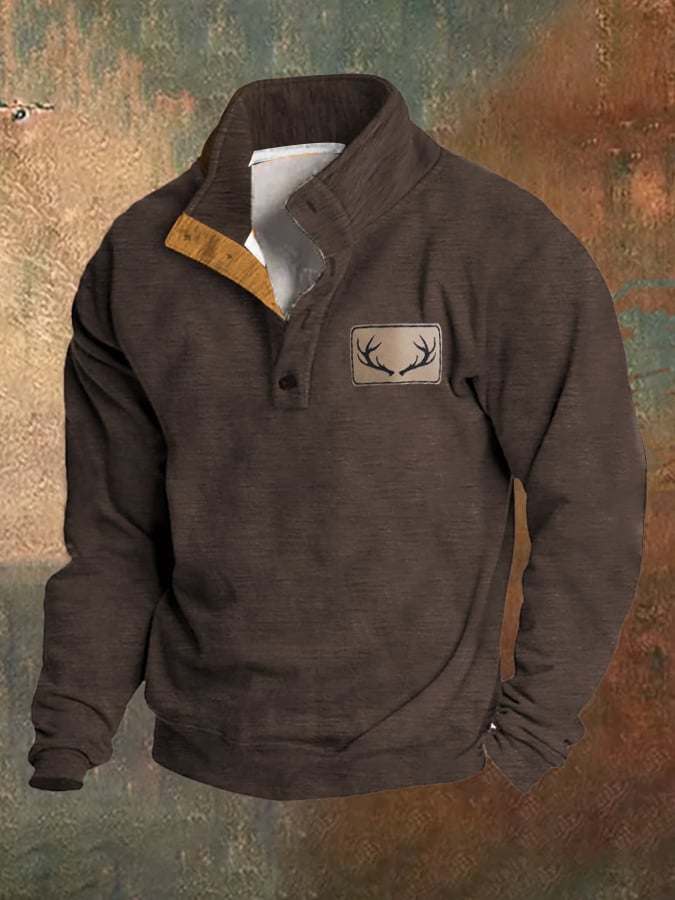 Fleece Vintage Western Antler Hunting Enthusiast Stand Collar Sweatshirt