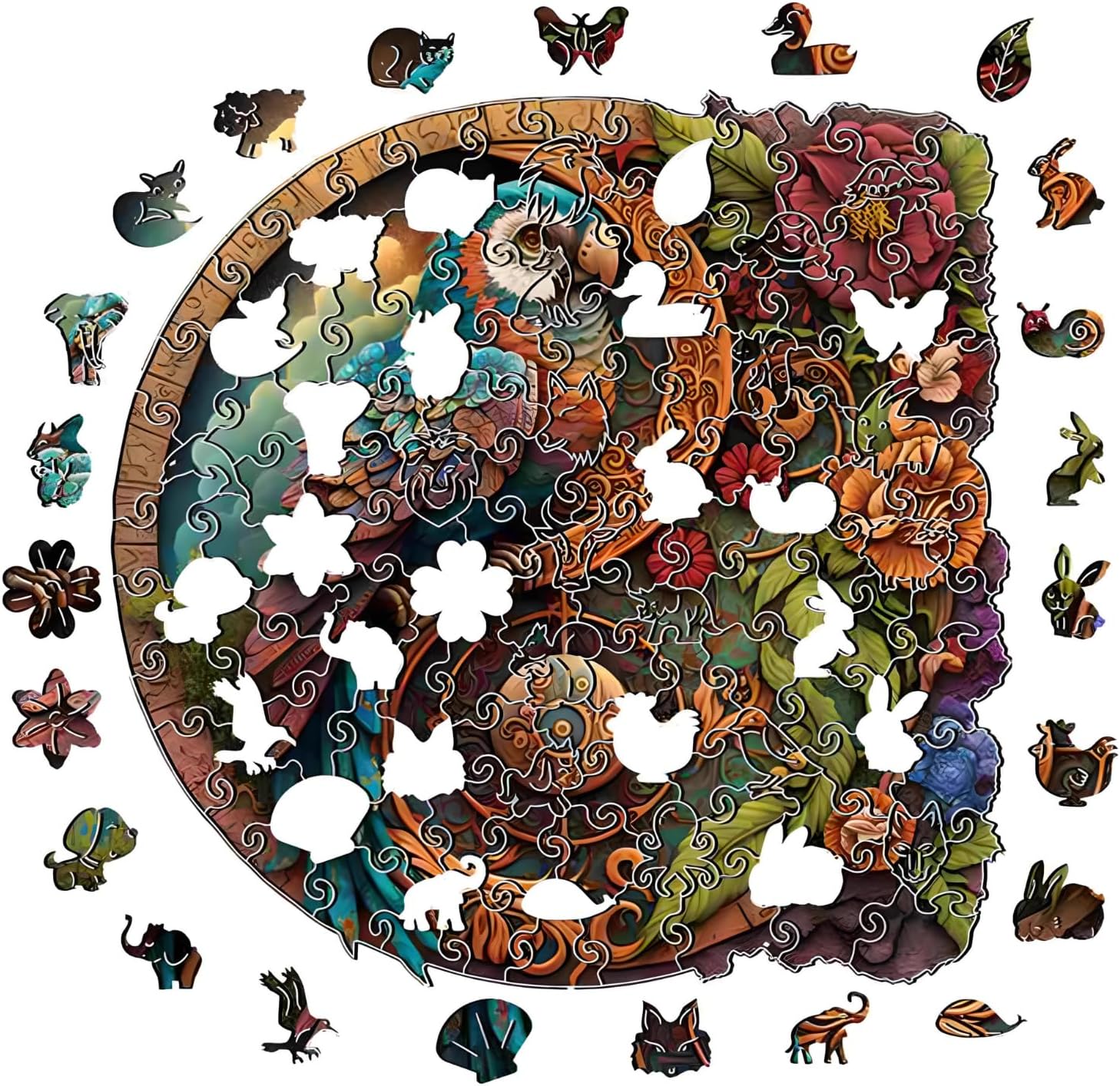 🎄 Christmas Special 🎁: Irregular Circular Wooden Puzzle with Exotic Birds 🦜 and Animals 🐾