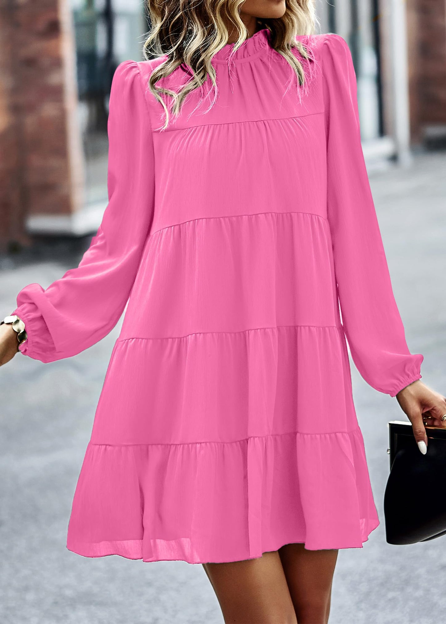 Womens Casual Long Sleeve Mock Neck Ruffle Tiered Babydoll Dress