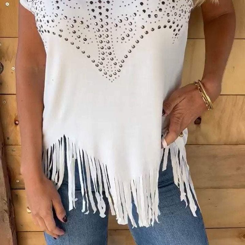 🔥Women's Solid Colour Short Sleeve T-shirt With Hot Print And Frayed Hem